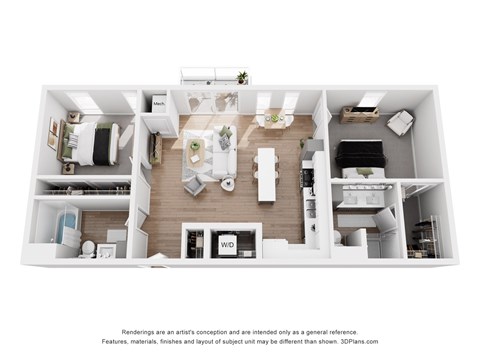 A 3D floor plan of a house with labeled rooms.